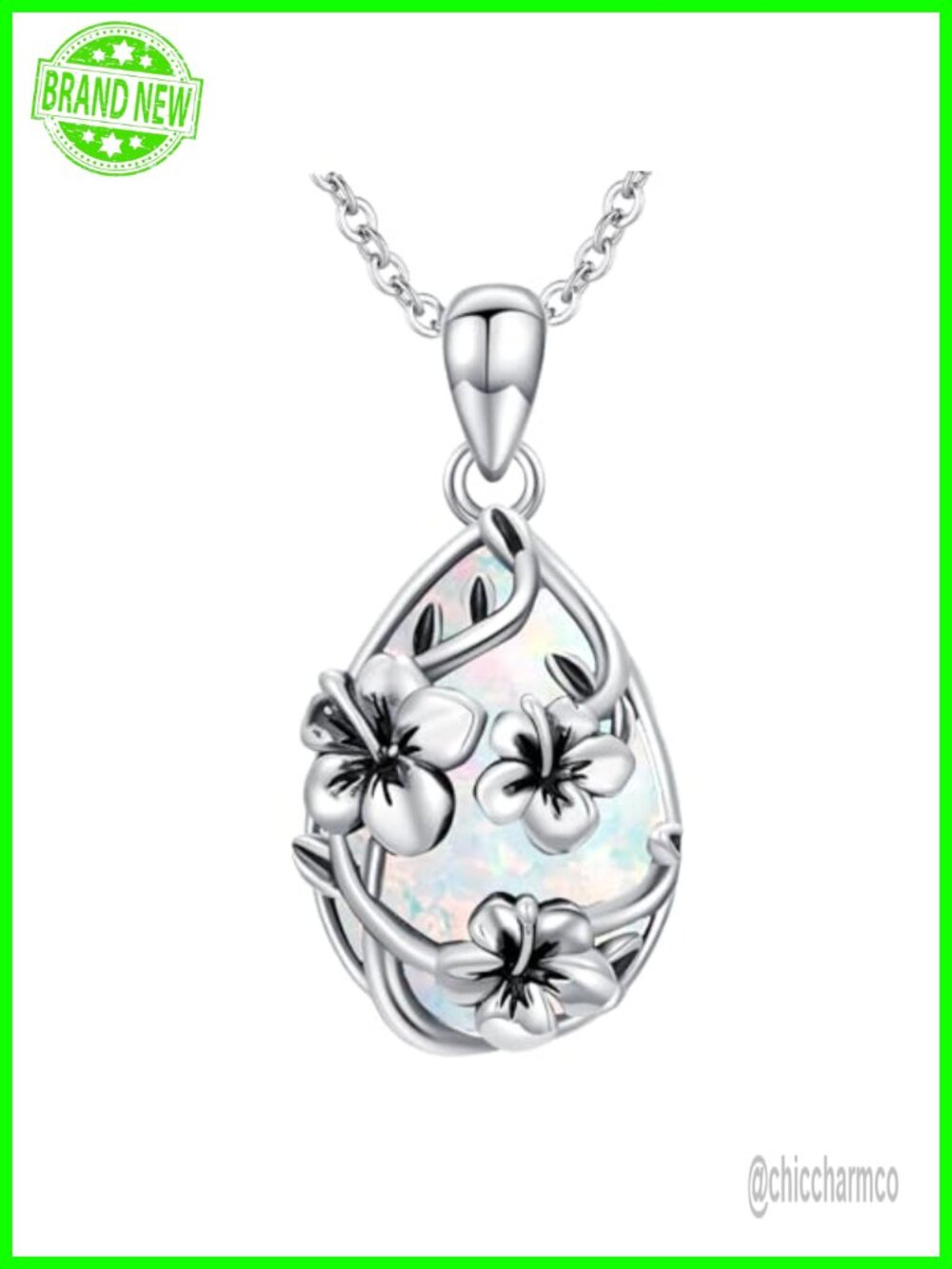 925 Sterling Silver Teardrop Pendant Necklace Opal Hibiscus Jewelry Gift for